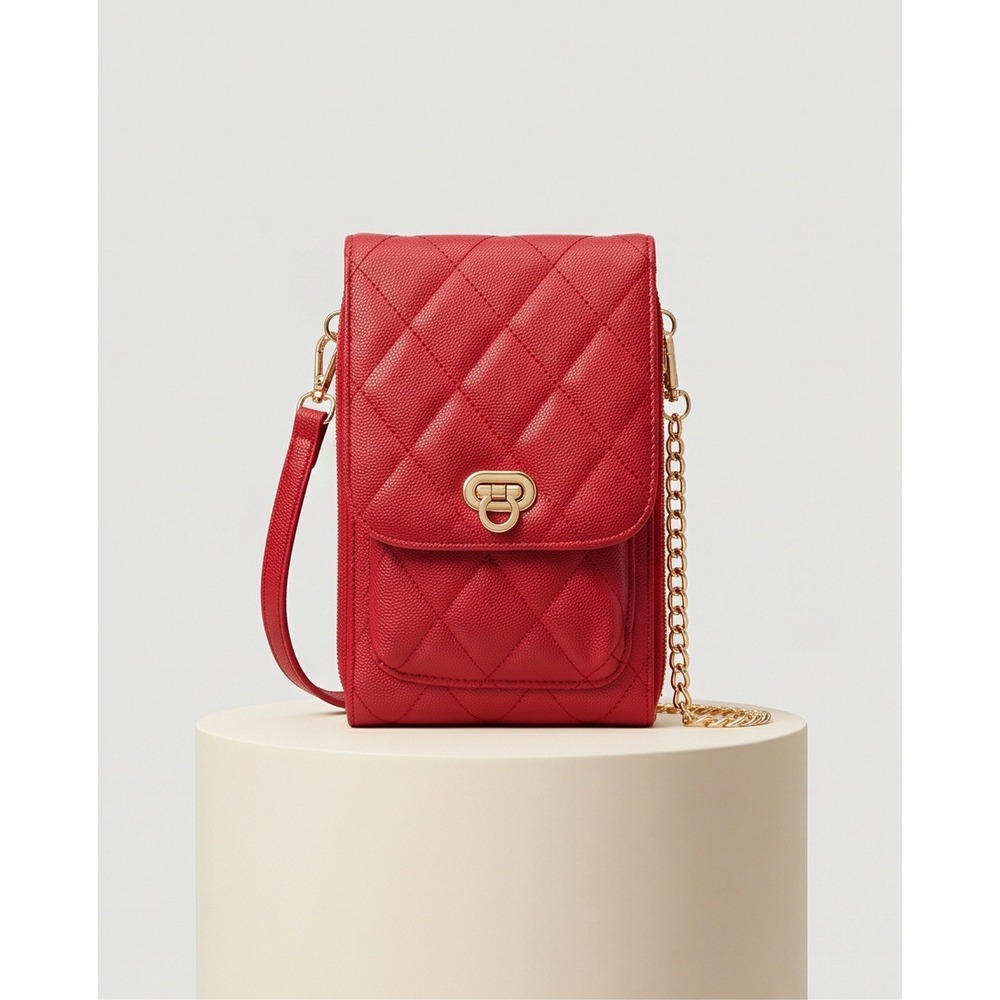 Red Quilted Crossbody Phone Bag Wallet Gold Chain Strap Small Purse